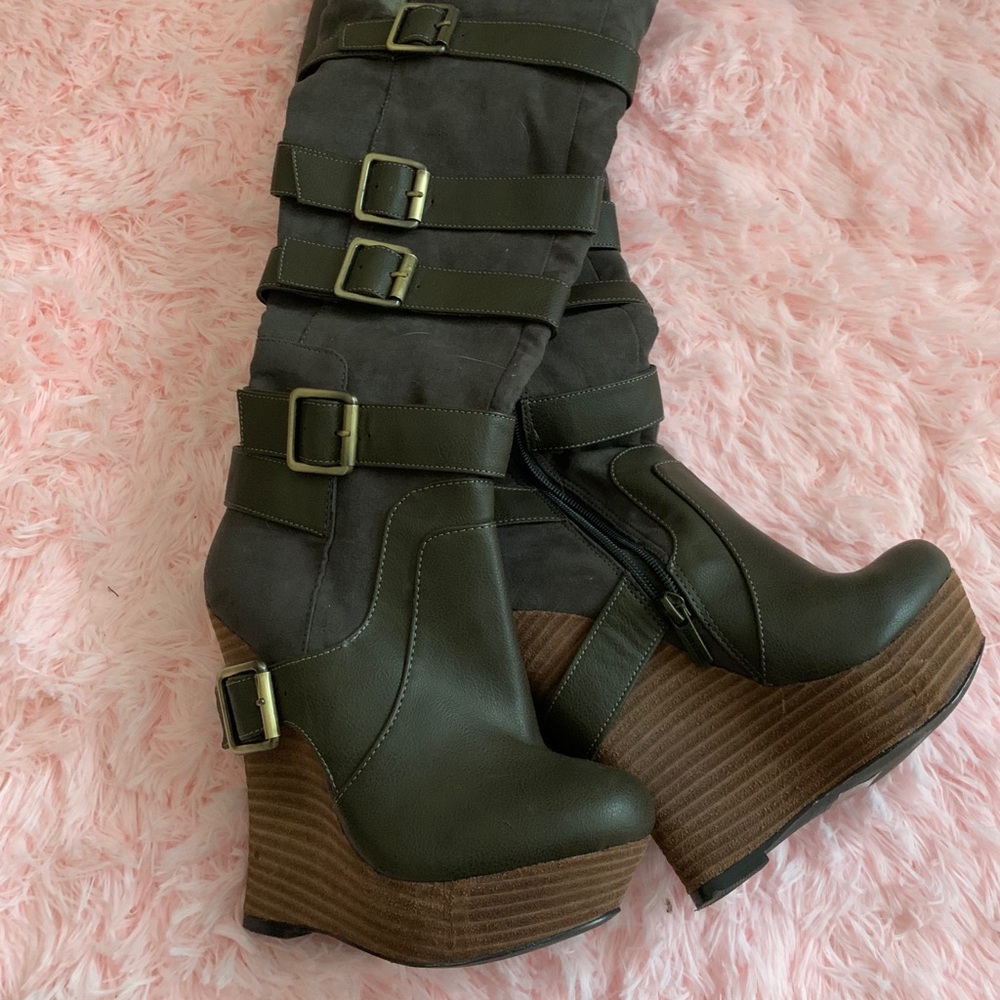 Over the knee green wedge boots